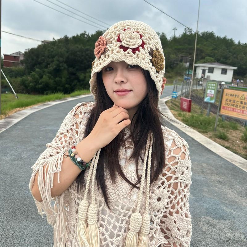 Handmade Crochet Lace Flower Beanie Hat Women Ethnic Style Retro Knit Cap