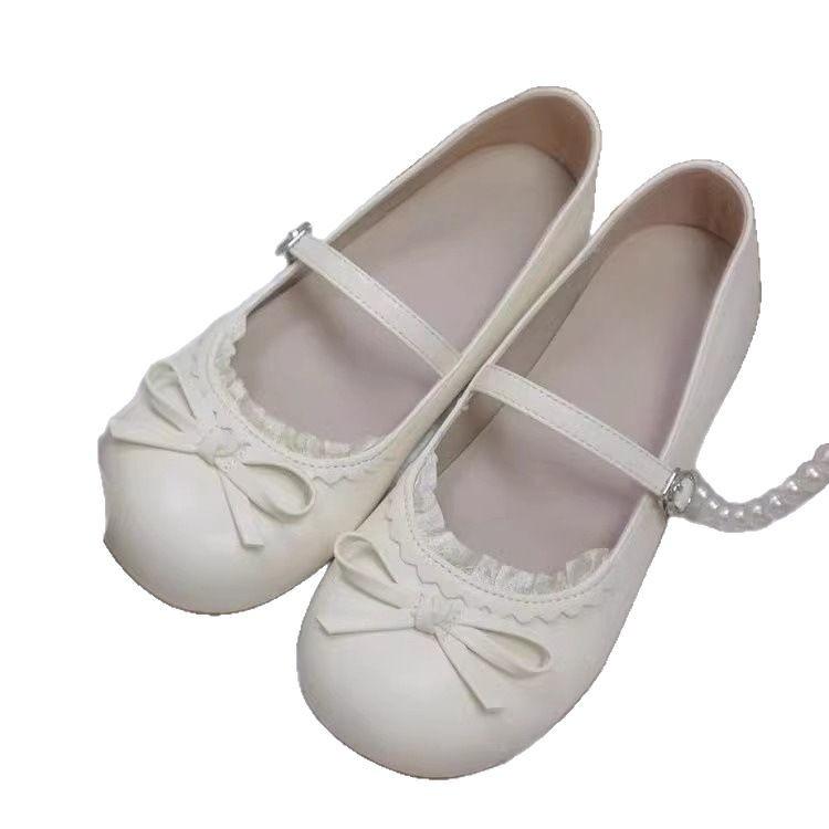 2025 new French retro white round head bow flat-soled single shoes women's spring one-pedal soft-soled beanie shoes