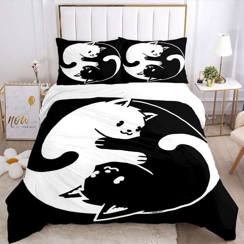 3-teiliges Yin und Yang Weißkatze und Schwarze Katze Bettbezug-Set - Weiche und Gemütliche Schlafzimmer-, Gästezimmer- und Wohnheim-Dekorative Bettwäsche 3-teiliges Set 1 Bettbezug
