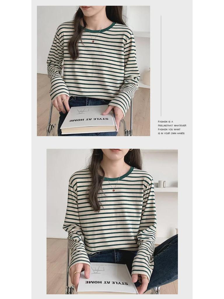 Women's Spring 2025 Green Striped Long-Sleeve Round Neck T-Shirt: Loose-Fit, Slim-Style, Commuting Top