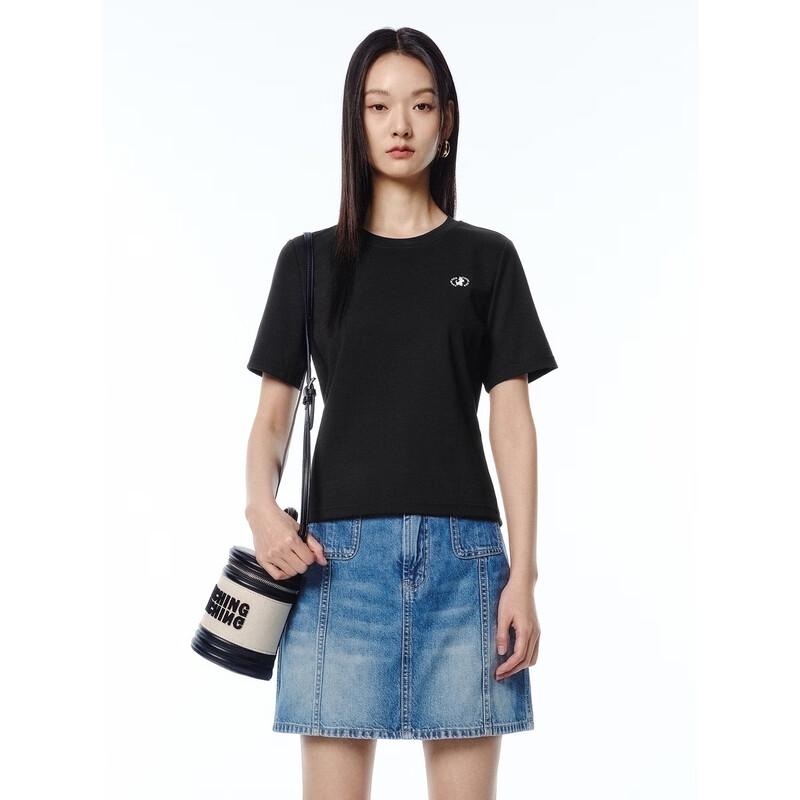 PEACEBIRD Women s Round Neck Dog Embroidery Cropped T-Shirt S