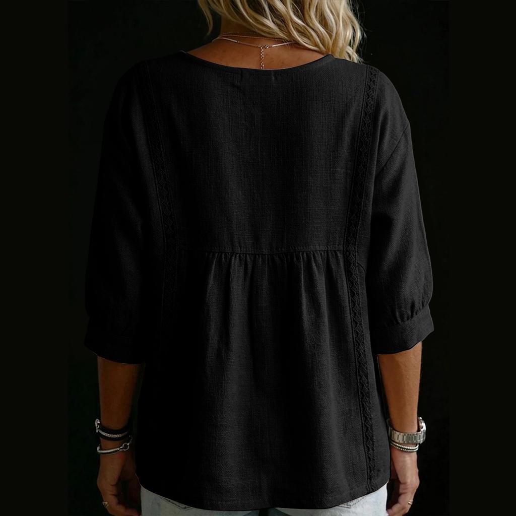 Women's Fashionable Casual Lace V-Neck Pullover, Loose-Fit Top