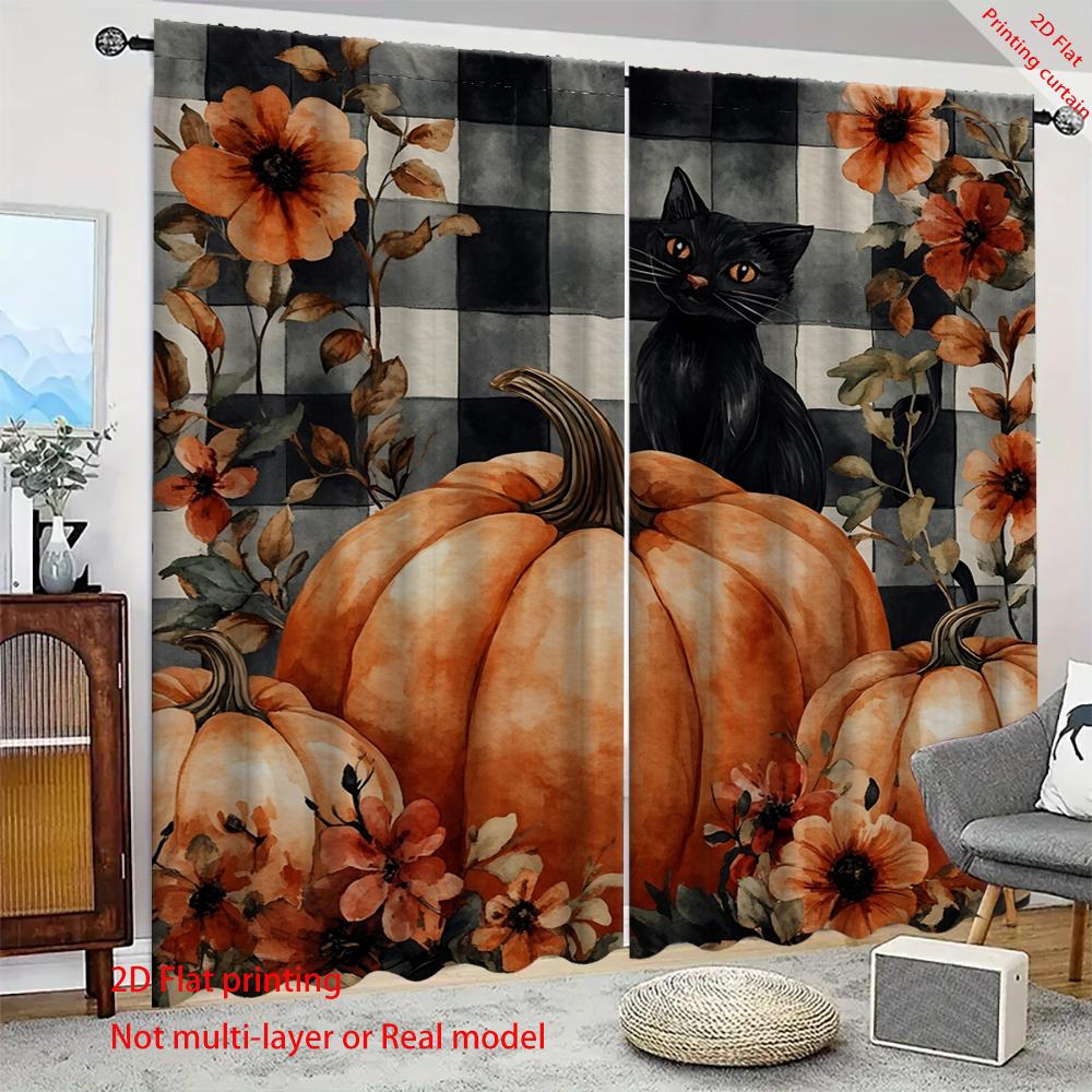 2 Stück schwarz-weiß karierter Hintergrund Halloween Kürbis schwarze Katze digital bedruckte Vorhänge mit Landschaftshintergrund und Stange