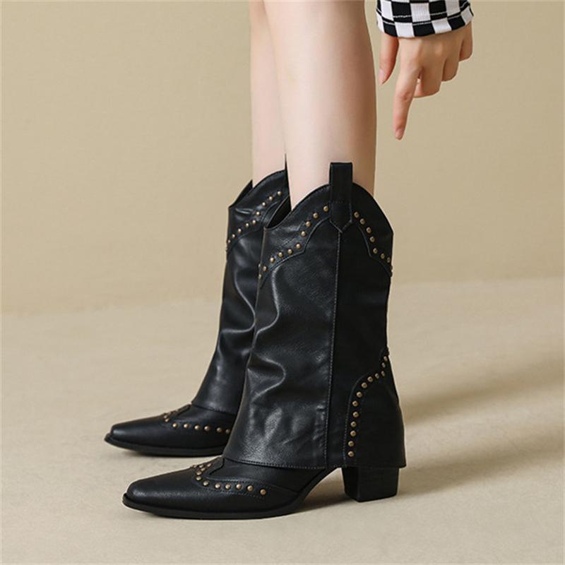 Pointed Toe Rivet Decoration Women Motorcycle Boots Crude Heel Women Knight Boots Retro Casual Solid Color Platform