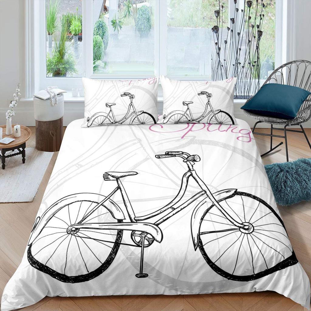 Pink Bicycle Duvet Cover For Girls Women Twin Full King Size,Roses Flower Bedding Set Bike Floral Green Leaves Comforter Cover