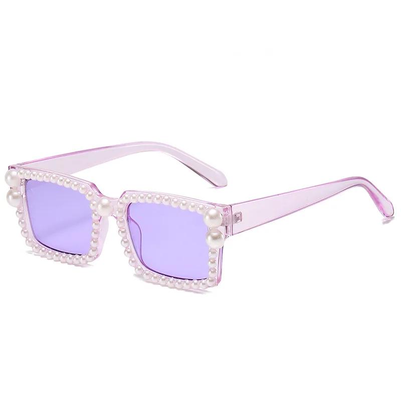 Fashion Women Fashion Pearl Sunglasses Unisex Outdoor Small Frame Jelly Color UV400 Sun Glasses Trendy Square Hip Hop Glasses for Ladies