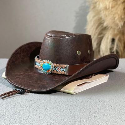 

High Quality Faux Leather Western Cowboy Hat For Men Women Autumn Winter Vintage Panama Cowgirl Jazz Hats Sombrero Hombre Caps 56-58CM коричневий