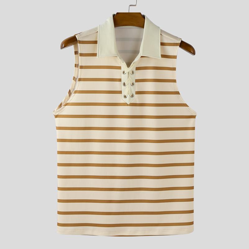 INCERUN Men Lapel Collar Sleeveless Stitching Striped Casual Loose Tank Tops