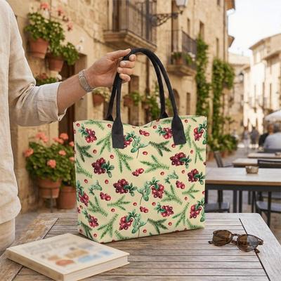  Winter Berry Print Canvas Tote Bag Fashion Casual Large Capacity Daily Shopping Portable Shoulder Handbag
