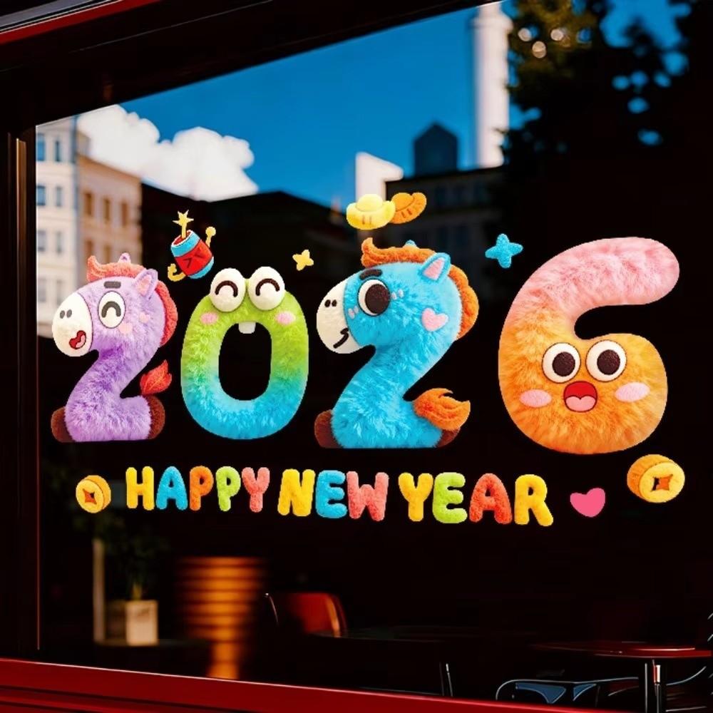 Static Electricity 2026 New Year Window Stickers Colorful Large Size Window Grilles Self Adhesive Cartoon Horse