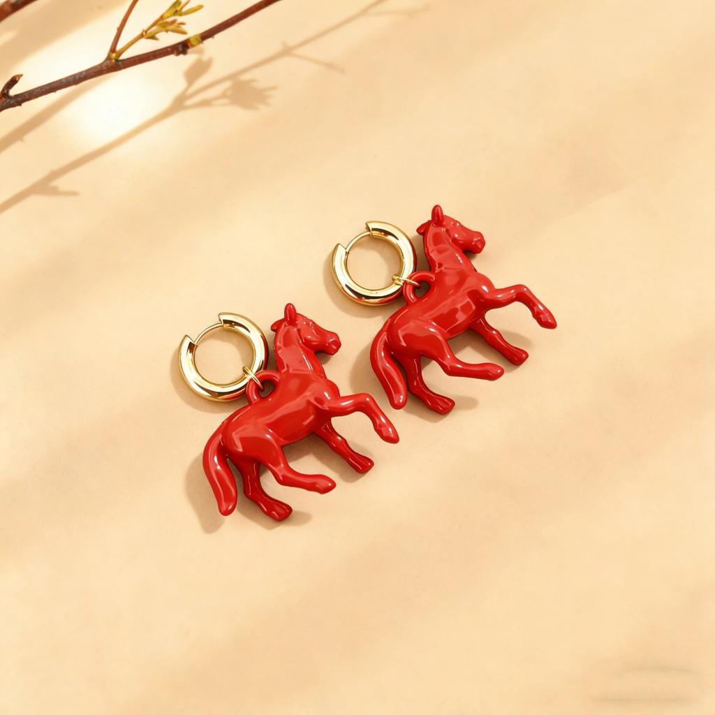 Gold Tone Hoop Earrings with Red Horse Charm Pendant for Women Fashion Style
