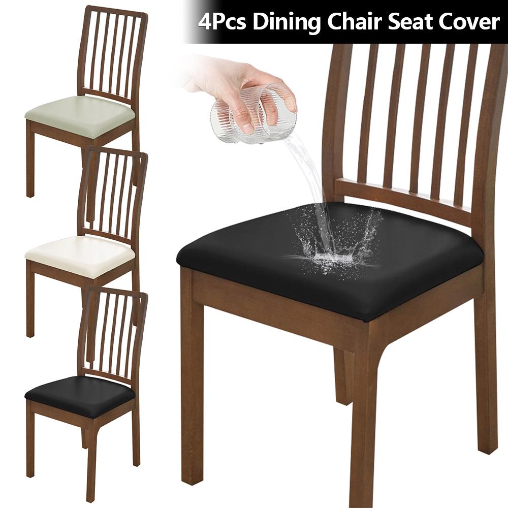 4Pcs Dining Chair Seat Cover Set Leather Waterproof Chair Cushion Cover Kitchen Chair Seat Protector Slipcover Furniture Decor
