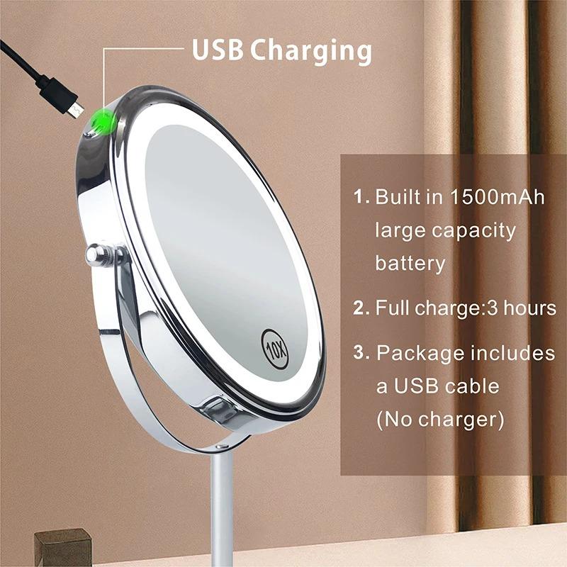 8inch 10x Magnifying Led Makeup Mirror With 3 Color Light Touch Switch Double Side Usb Charging Desktop Vanity Cosmetic Mirror