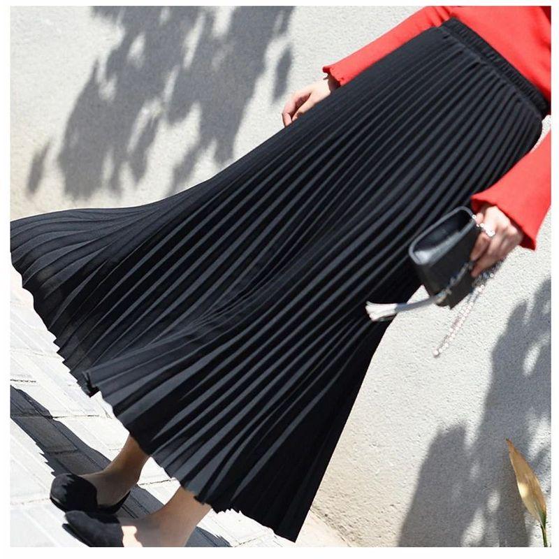 Pleated Skirt with Elastic Waistband Pleated High Waist Half-Length Female Elastic Waist Skirt