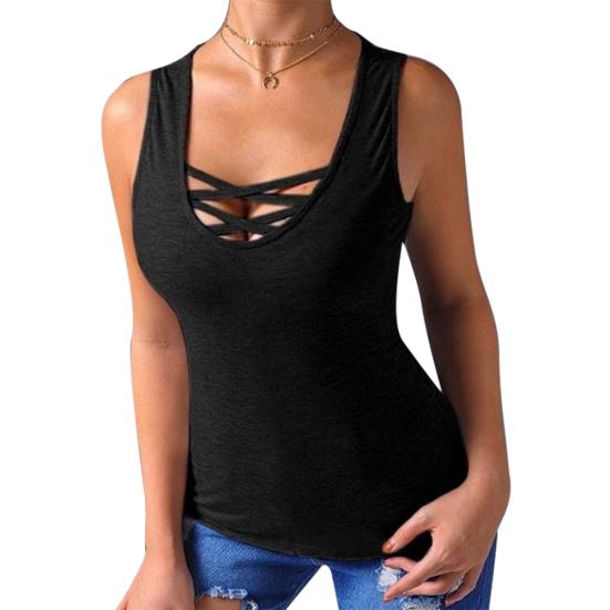 Canotta da Donna a Spalle Incrociate Girocollo Monocolore Estiva Taglie Forti Vest Slim Fit