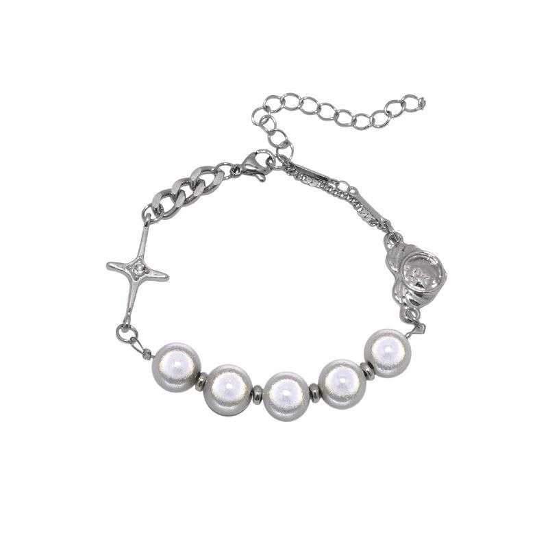 

Trend reflective pearl splicing cross bracelet women s hip hop cold wind bracelet bracelet jewelry European and American chain accessories men