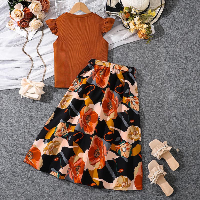 Mädchenanzug 7-14J Kinder Sommer Neue Mode Druck Halbkörperrock + Temperament Kurzarm-Oberteil 2PCS