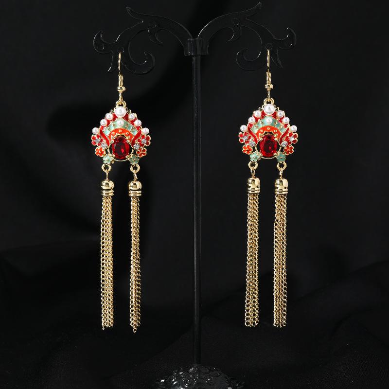 

Design knife and horse dan crystal earrings women s Chinese style temperament long fringed face earrings high-end earrings