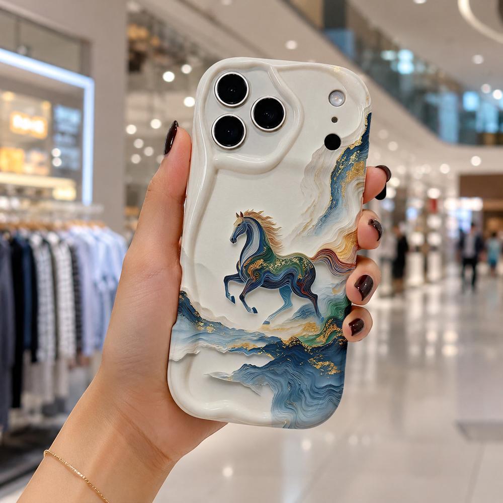Chinese Style Golden Landscape Running Horse Wavy Edge Phone Case For iPhone 16 15 14 Pro Max 13 12 11 Mini XR XS SE 2020 17