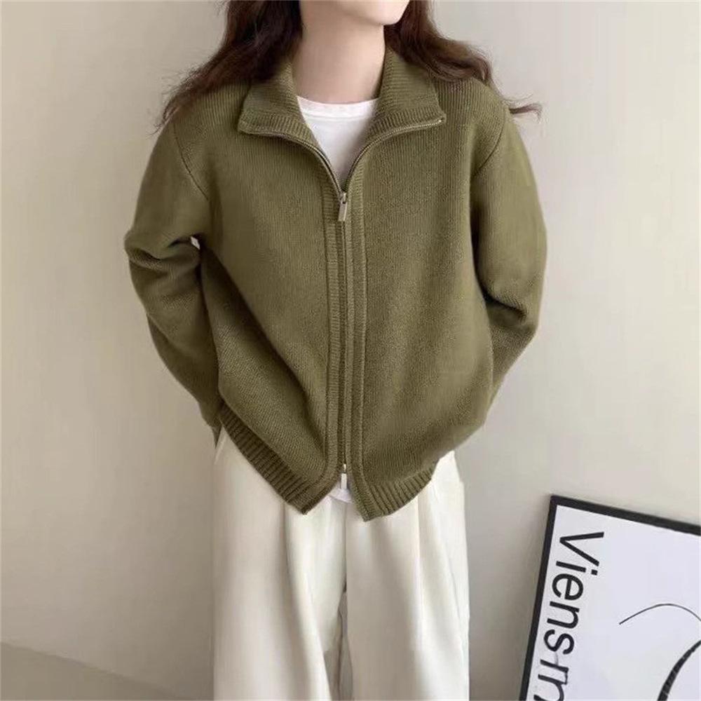 Korean Double-zipper Sweater Cardigan Jacket for Women, New Autumn and Winter Style, Laid-back Style, Soft and Loose Solid Color Knitted Sweater Top