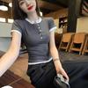 Vintage Grey Color Block Patchwork Short Sleeve T-shirt for Women.