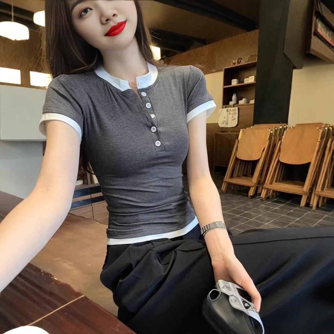 

Vintage Grey Color Block Patchwork Short Sleeve T-shirt for Women. M серый