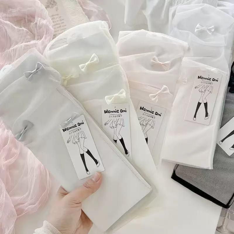 Women's Summer Ultra Thin Hollow Transparent Bow Net Yarn In The Tube Pile Socks