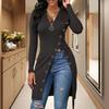 Women Spring Fall Top Zipper V Neck Long Sleeve High Split Hem Mid Length Elastic Lace Up Waist Strap Solid Color Lady Long Blouse