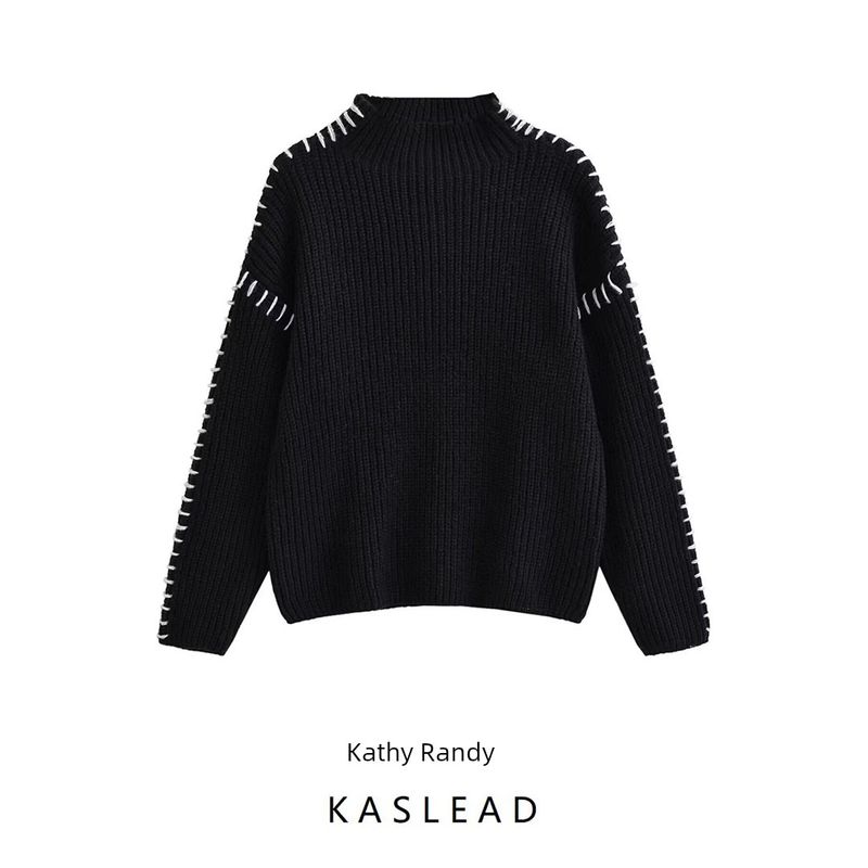 Kaslead New Arrival Women's Clothing Fashion Style Stylish Simple and Versatile Patchwork Long Sleeves Knitted Pullover Sweater