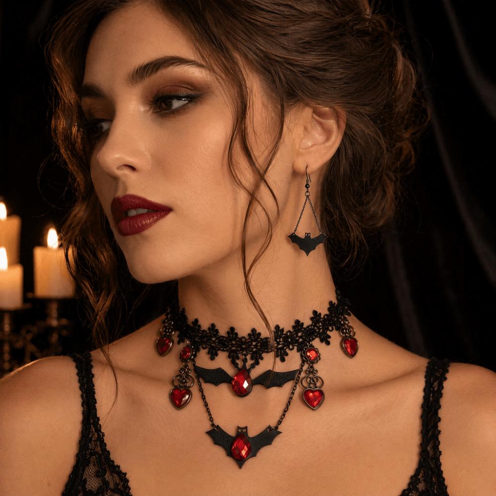 Vintage Gothic Choker Red Rhinestone Heart Bat Earrings Punk Style Halloween Necklace Dress-Up