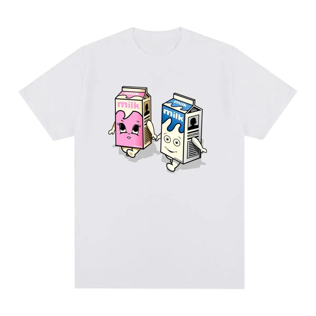 Men's milk hand-holding funny pattern printed 100% pure cotton retro short-sleeved T-shirt and top