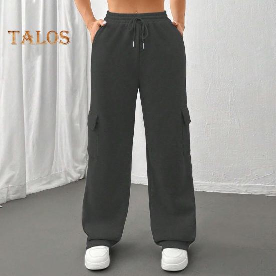 Pantaloni cargo pentru femei, cu talie elastică, cu șnur ajustabil, pantaloni drepti, cu picioare largi, pantaloni lungi sport de culoare solidă