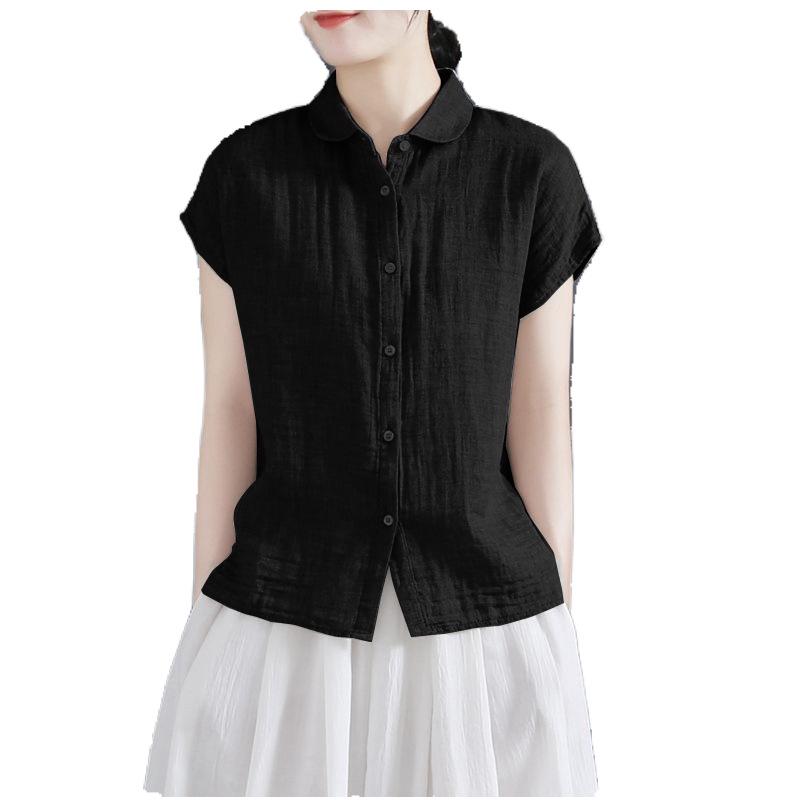 

Женский свободный топ из хлопка и льна с короткими рукавами и воротником поло, рукава с оборками - Доступны большие размеры L чёрный