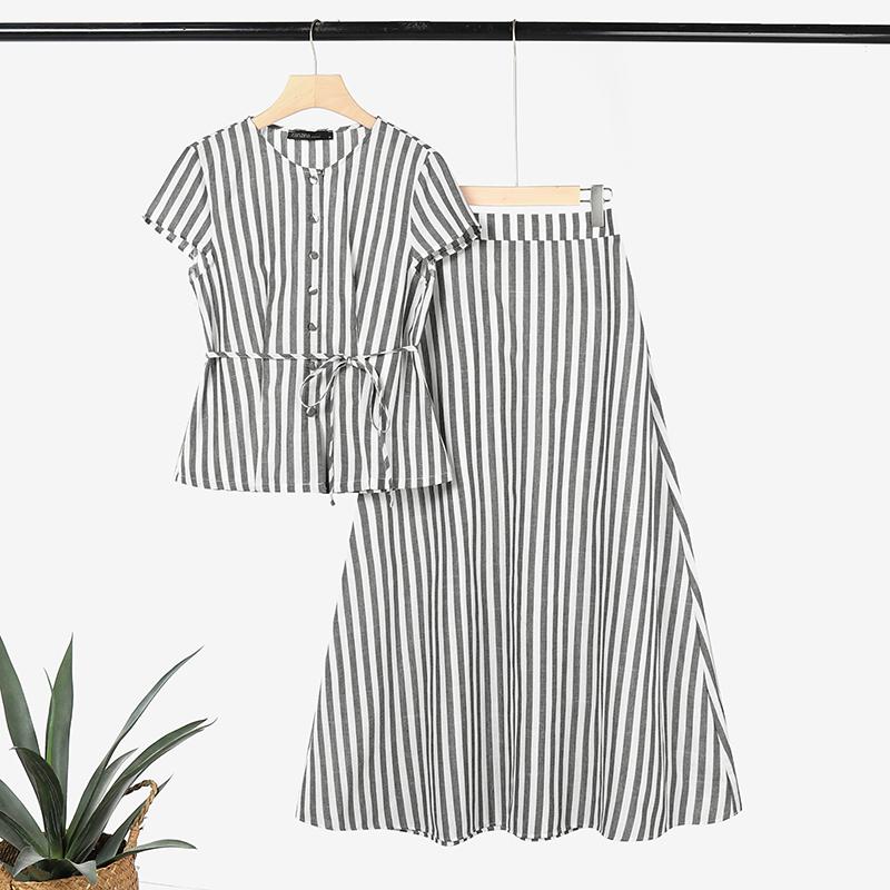 ZANZEA Women Short Sleeve Blouse and Long Skirts Stripe Print Two Piece Suit Sets