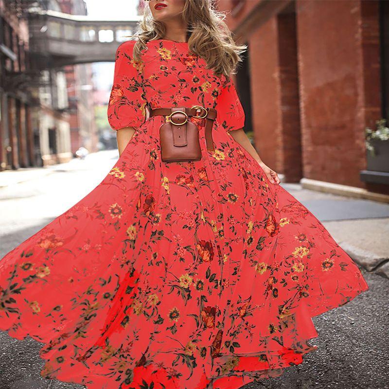 

2024 Spring and Autumn European and American New Cross-Border Amazon Dress Print Big Hemline Temperament Chiffon Floral Slim fit Long dress Red XXXL