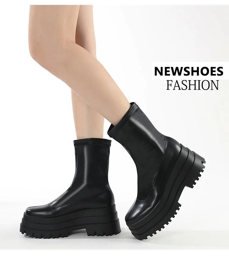 Fashion New Sexy Chain Women Leather Autumn Boots Block Heel Gothic Black Punk Style Platform Shoes Female Footwear High Quality