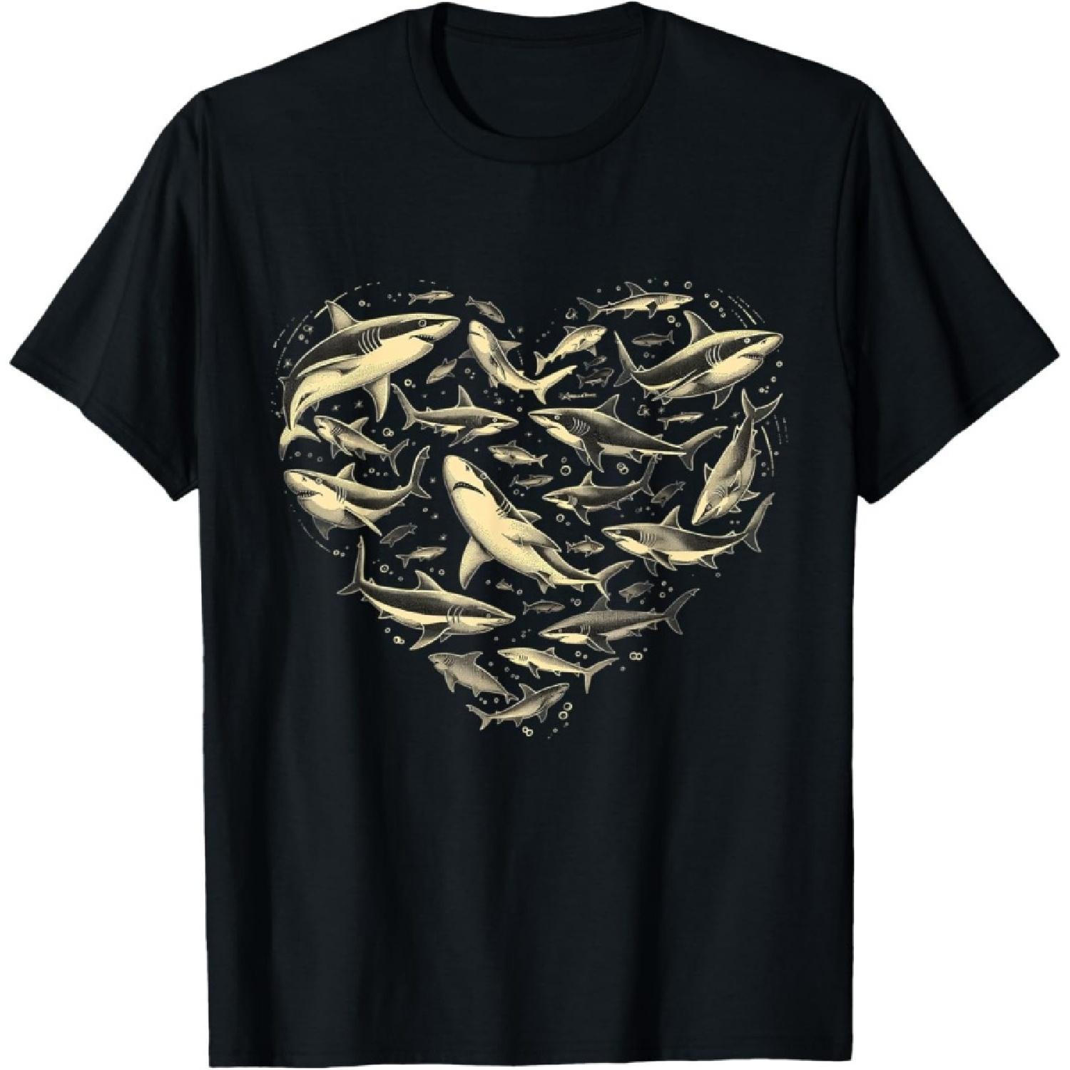 Vintage Shark Silhouette Hammerhead Shark Tiger Shark Heart T-Shirt S