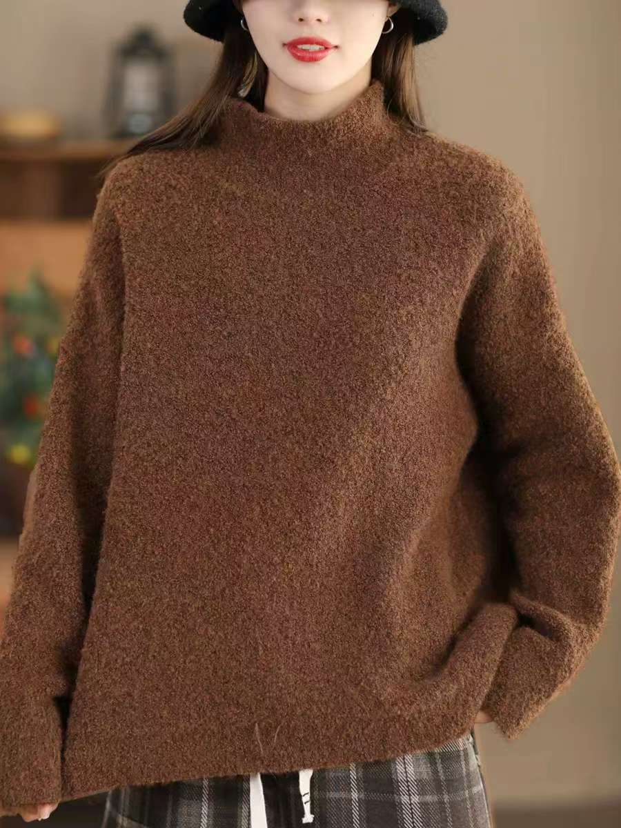 

Johnature Женский зимний модный ретро однотонный водолазка свободный свитер с длинными рукавами винтажный стиль повседневный свитер One Size темный кофе