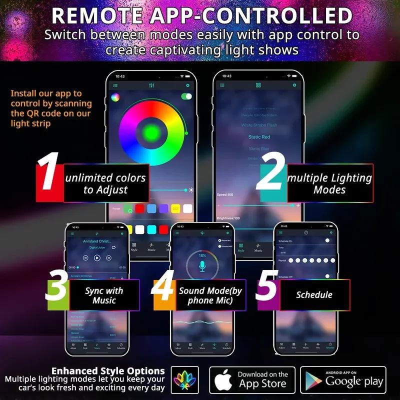APP Control RGB Car Hood Light Strip Multi Color LED Engine Bay Accent Lighting Ambient Exterior Decoration Trunks SUVs Pickup
