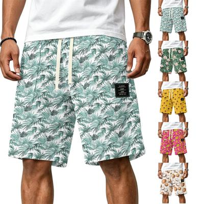 Men's Casual Corduroy Drawstring Shorts Hawaiian Style Palm Tree Pattern Lightweight Comfortable Fit Summer Beachwear