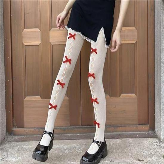 Y2K White Bow Hollow Out Stockings, Sweet Lolita Style, Spring/Autumn Black Silk Pantyhose