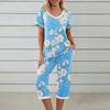 2 Stück/Set Damen Blumenprint Loungewear Set V-Ausschnitt Kurzarm T-Shirt Taschen Elastische Taille