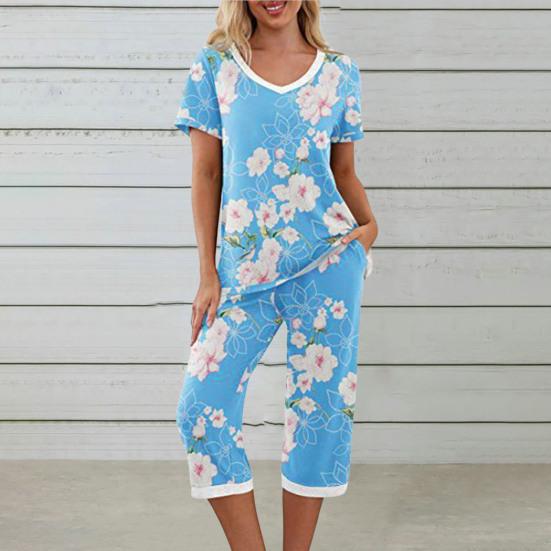 2 Stück/Set Damen Blumenprint Loungewear Set V-Ausschnitt Kurzarm T-Shirt Taschen Elastische Taille