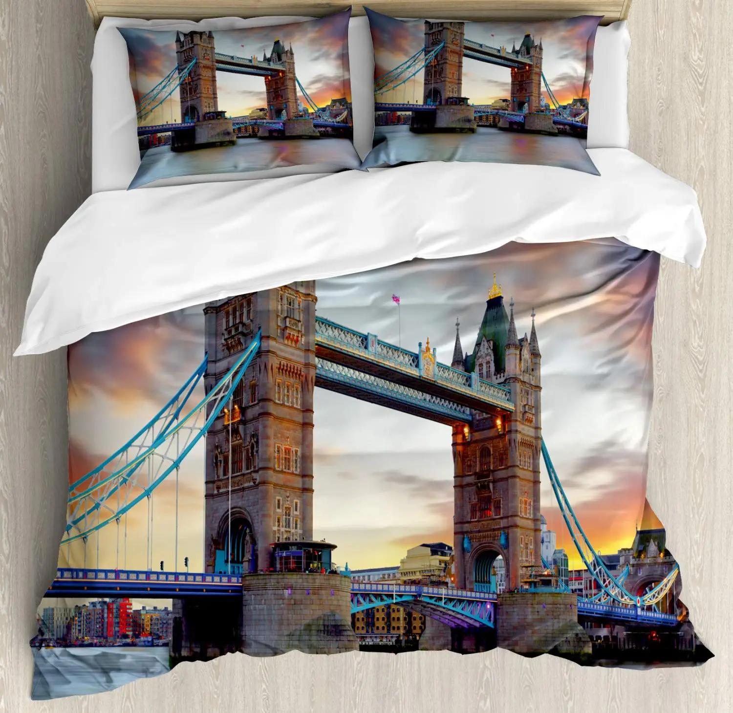 

Лондонские Часы Трамваи Мосты Комплект Постельного Белья Лондон Комплект Пододеяльника Лондонская Телефонная Будка На Улице Традиционный Местный Культурный EU Twin(135x200cm)