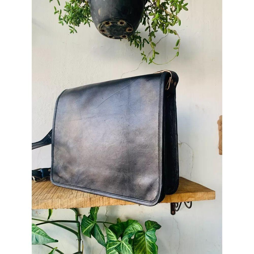 Men's Goat Leather Handmade Messenger Shoulder Satchel Black Bag   ( Free Sling Brown Bag Size - 9 x 7 x 3 in )