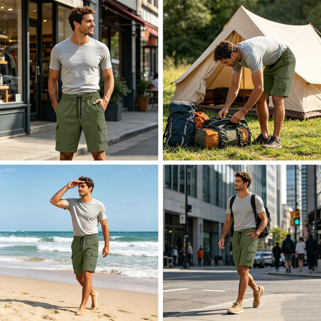 Men’s Workwear Cargo Shorts with Multiple Pockets and Adjustable Drawstring Waist for Outdoor Activities and Daily Use