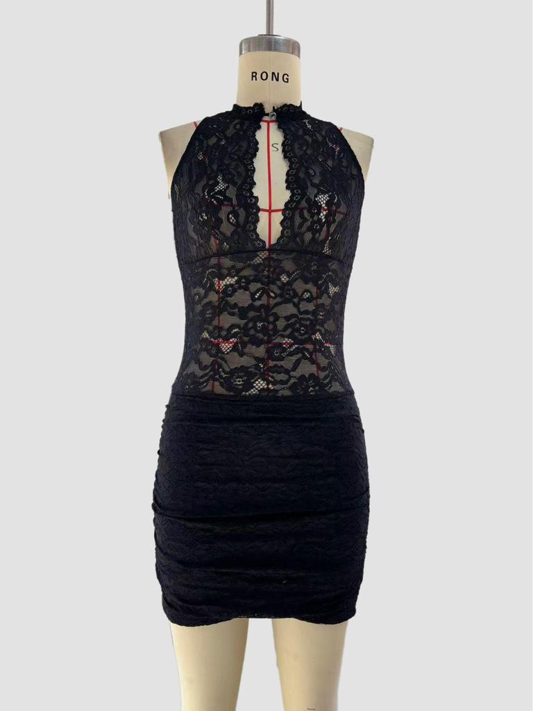 2026 Women's Fashion: Sexy See-through Lace Patchwork Tank Top & Hip-hugging Dress