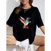 White Oversized T Shirt With Colorful Hummingbird Print For Casual Wear