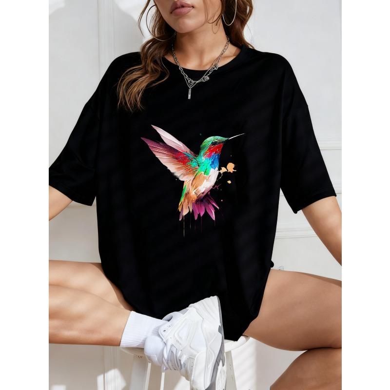 White Oversized T Shirt With Colorful Hummingbird Print For Casual Wear