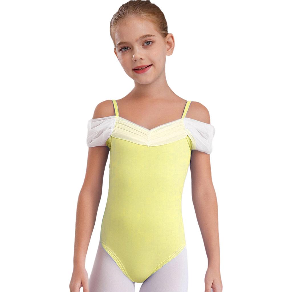 Girls Ballet Gymnastics Performance Leotard Butterfly Back Design Ruched Mesh Collar Spaghetti Straps Dancewear